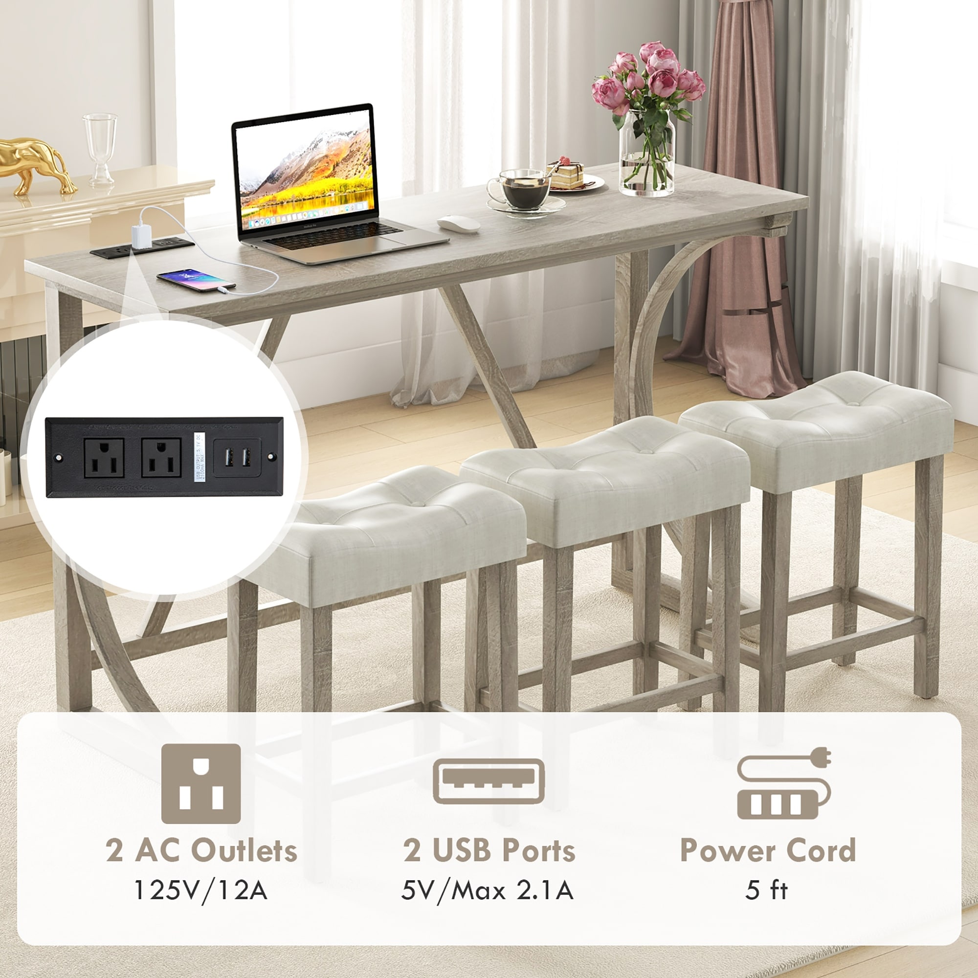 Gymax 4-Piece Bar Table Set w/ Power Outlet Counter Height Bistro