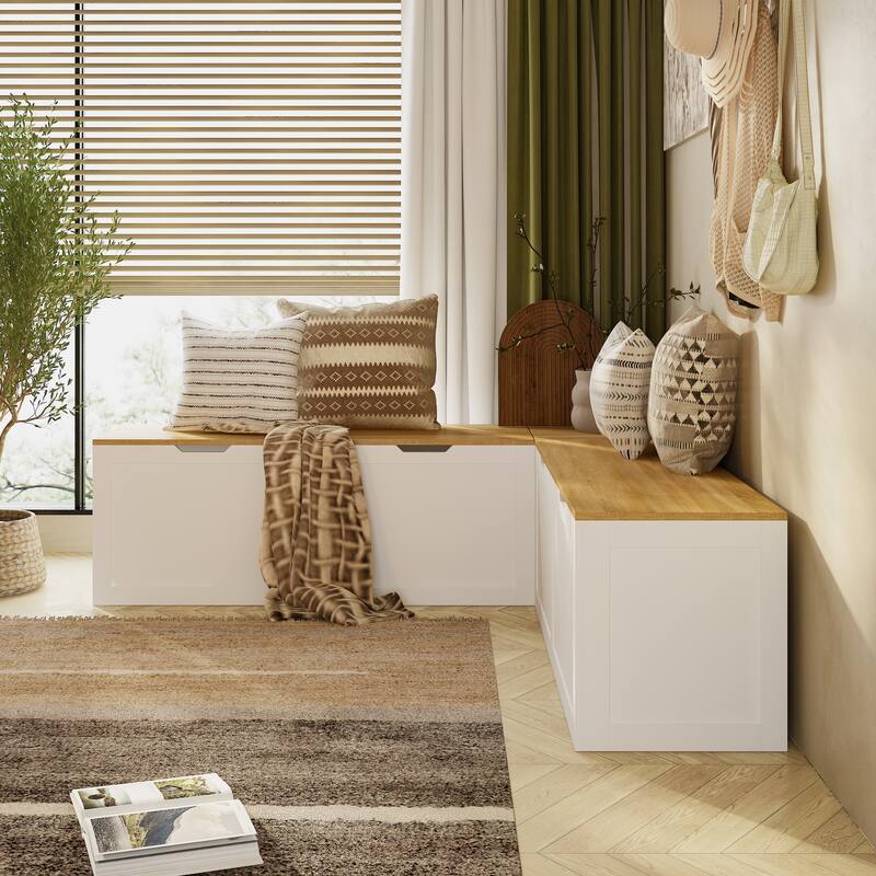 Corner Entryway Bench w/Hidden Storage White Oak Finish Shoe Cabinet