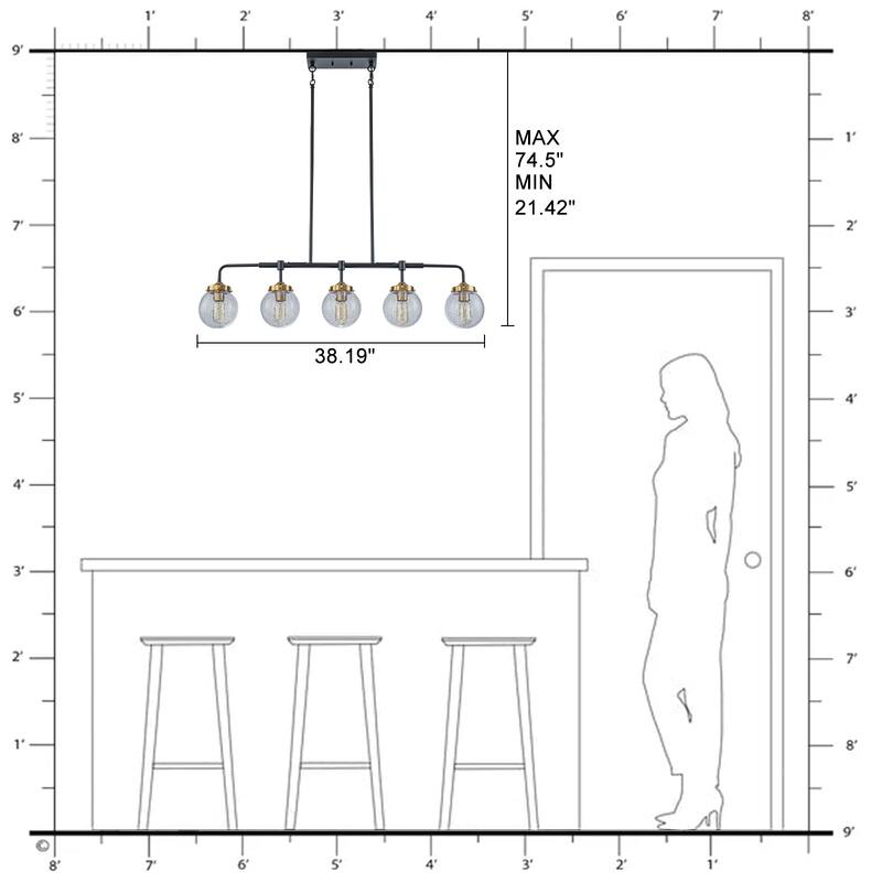 5-Light Crackled Glass Globe Linear Island Pendant Light Modern - Dia.38.19-in