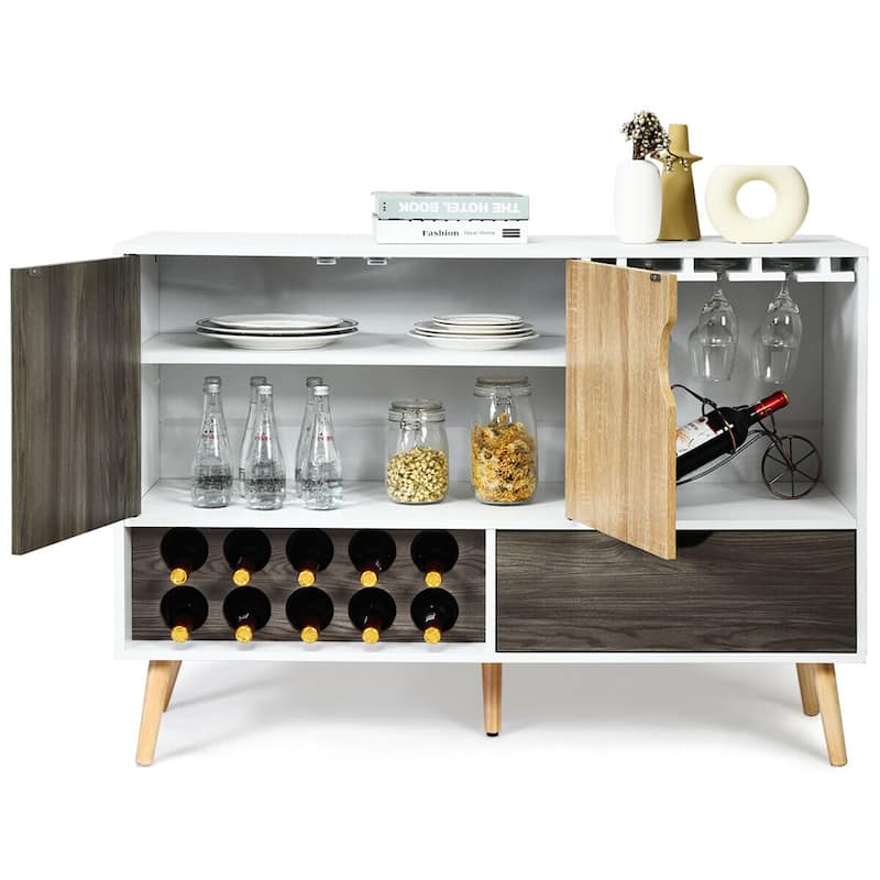 Costway Mid-Century Buffet Sideboard Wooden Storage Cabinet w/ Wine - 47.5'' x 15.5'' x 34''(L x W x H)
