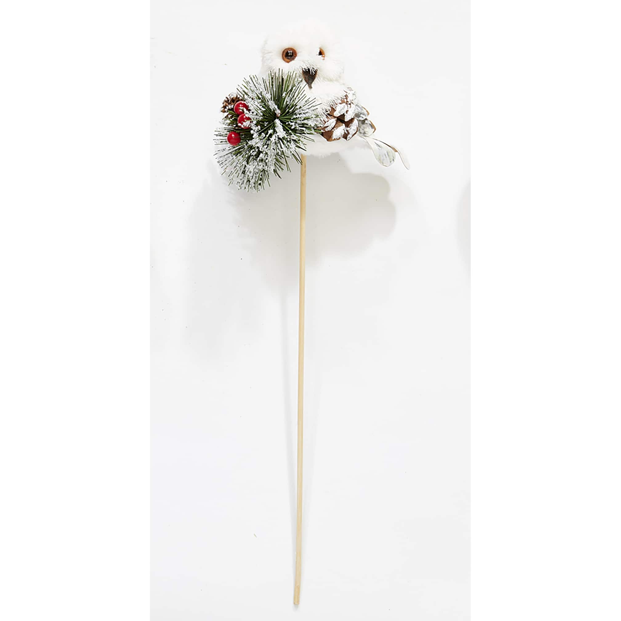 3" Christmas Snow Owl with Artificial Pine And Berries on a 12" Wood Stick Floral Pick, Set of 3 - 15
