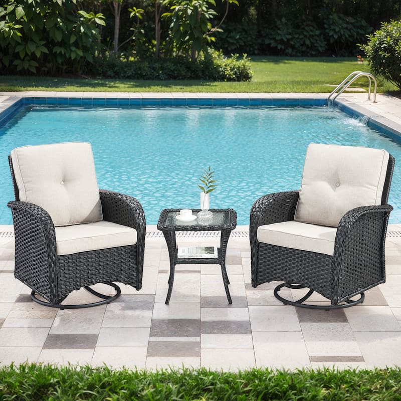 Pocassy Outdoor Wicker Patio Chairs Set - Black Wicker Beige Cushion - 2PCS Swivel Chairs w/ 1PC Side Table
