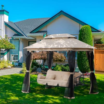 Luxury 3-Seat Patio Swing Chair,Dual Canopy,Mesh Walls,Comfort Cushion