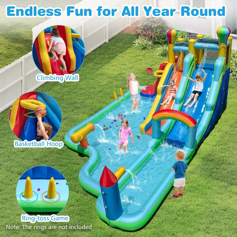 Large Inflatable Water Slide Park with Dual Slides Climbing Wall Pools and Water Cannon for Kids - 225" x 145.5" x 105"