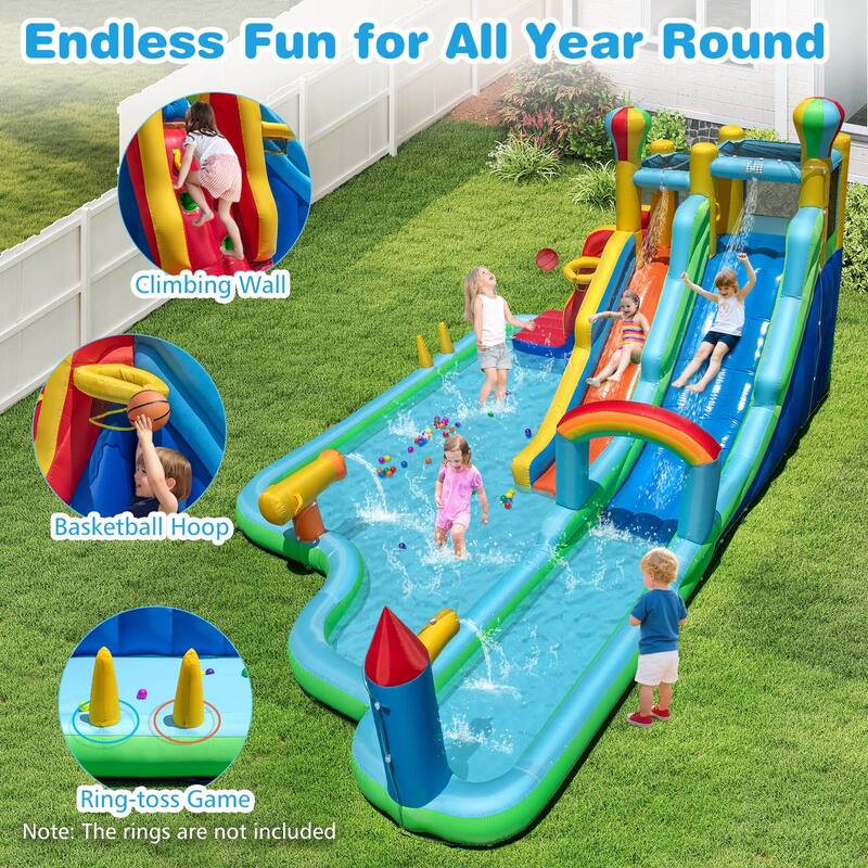 Large Inflatable Water Slide Park with Dual Slides Climbing Wall and Splash Pools and Blower for Kids - 225" x 145.5" x 105"