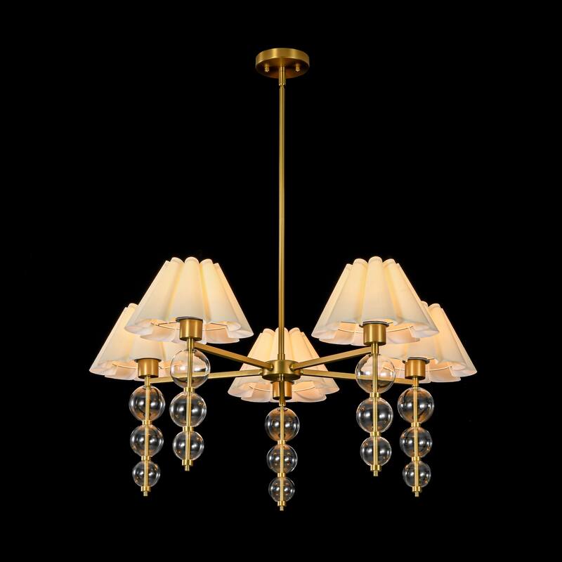 Rennnsan 5-Light 35 in. Transitional Gold Chandelier with Clear Glass Orbs and Fabric Shades - 34.6 in. Dia x 16.1 in. H