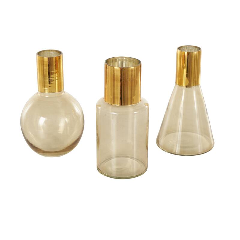 Blue or Gold Glass Tinted Geometric Decorative Vase with Gold Rim and Varying Shapes (Set of 3)