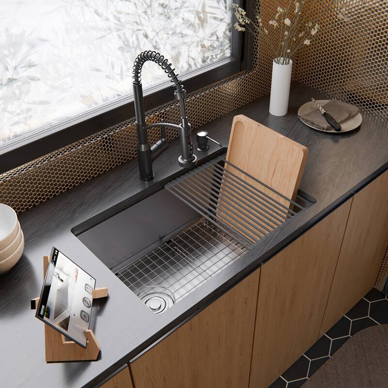 Karran Fusion Undermount 27-in x 18-in Stainless Steel Single Bowl Workstation Kitchen Sink
