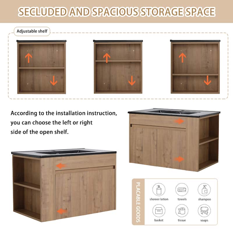 Bathroom Vanity With Sink In 30 Inch, Floating Bathroom Vanity With Soft Close Door and Shelf