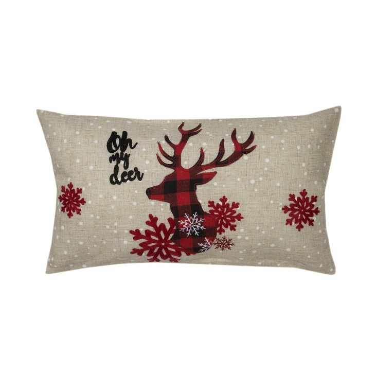 HomeRoots 12" X 20" Beige and Red Deer Christmas Reindeer Linen Blend Zippered Pillow With Embroidery