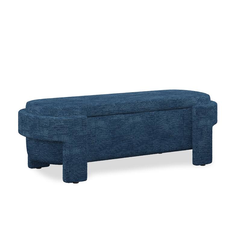 Oval End of Bed Bench, Linen Fabric Upholstered Storage Bench, Entryway Bench with Hidden Storage Space & Support Legs