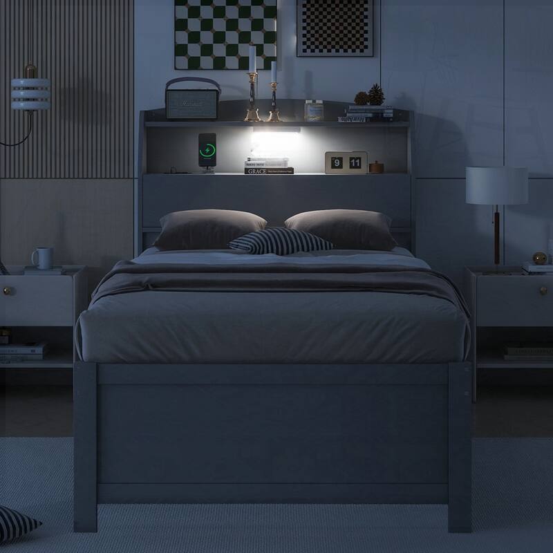 Wooden LED Platform Bed with Trundle