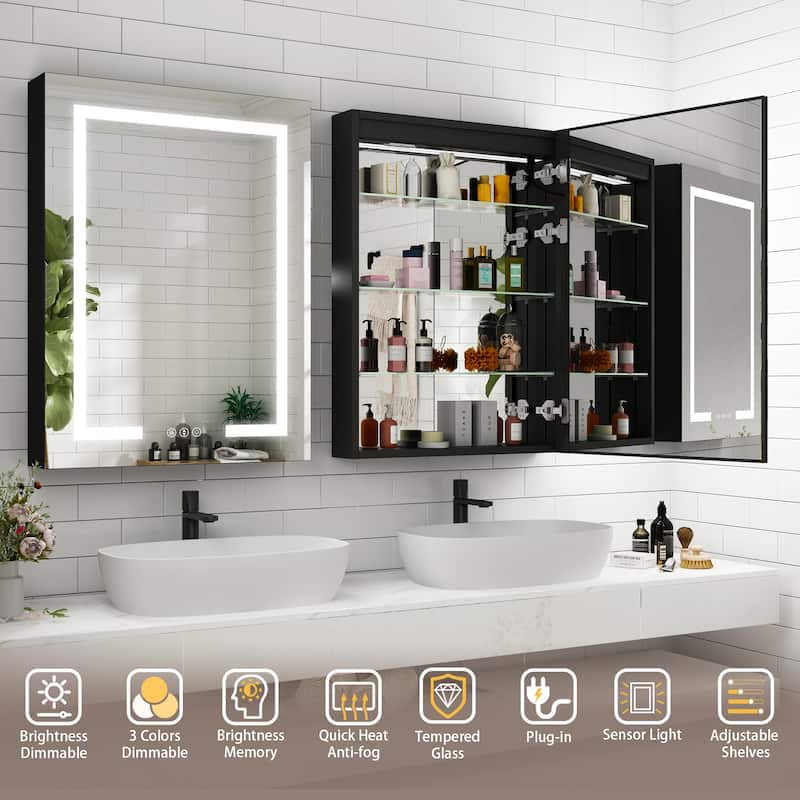 Rectangular Aluminum Recessed/Surface Mount Frameless Anti-Fog Medicine Cabinet with Dimmable LED Lights