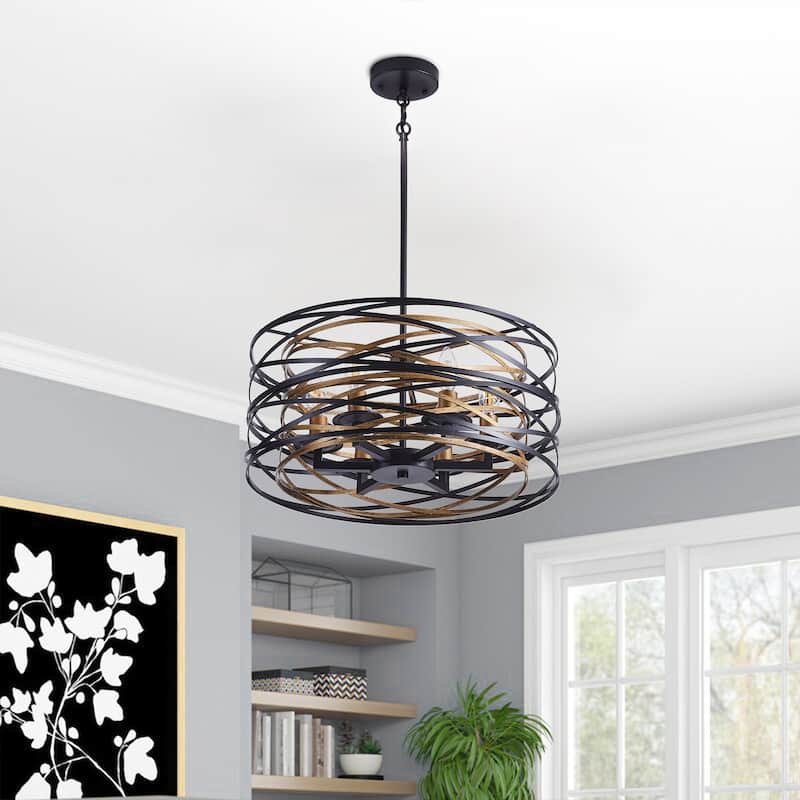 Modern Black and Brown 6-Light Flat Iron Ring Pendant Lamp