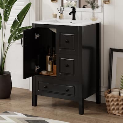 24" Retro Bathroom Vanity – Classic Cabinet with Soft-Close Door, 3 Silent-Close Drawers & Antique Metal Handles‌