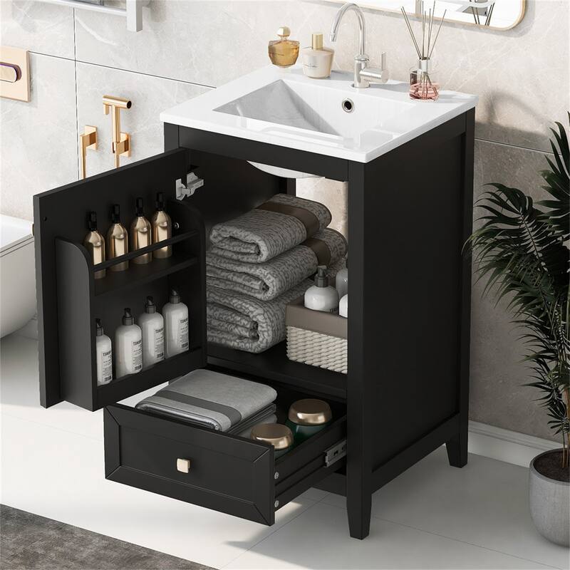 20" Bathroom Storage Vanity Cabinet with Ceramic Sink, Rack and Drawer - Black