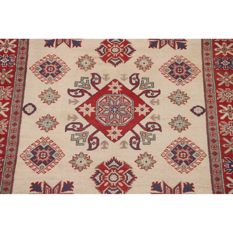 Ivory Geometric Kazak Area Rug Hand-Knotted Wool Carpet - 4'10" x 6'5"