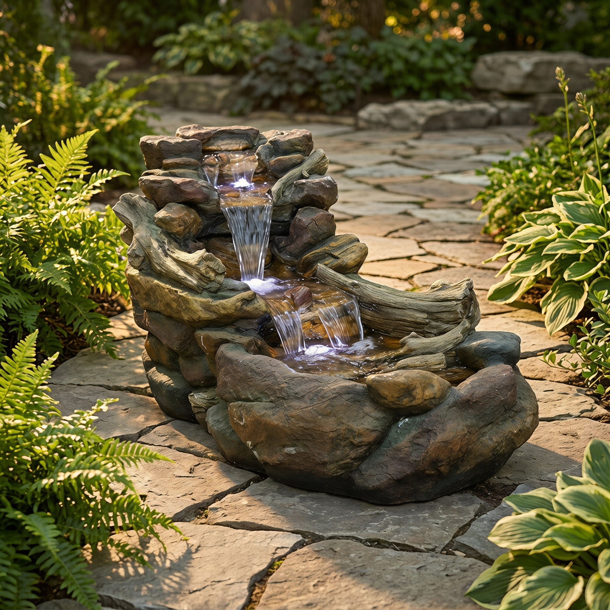 39 Inch Resin Rock Cascading Water Fountain with LED Lights for Garden