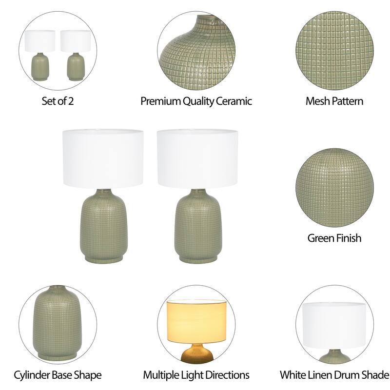 Sagebrook Home Textured Modern 19"H Ceramic Cylinder Mesh Table Lamp, Set Of 2 - 11" x 11" x 19"