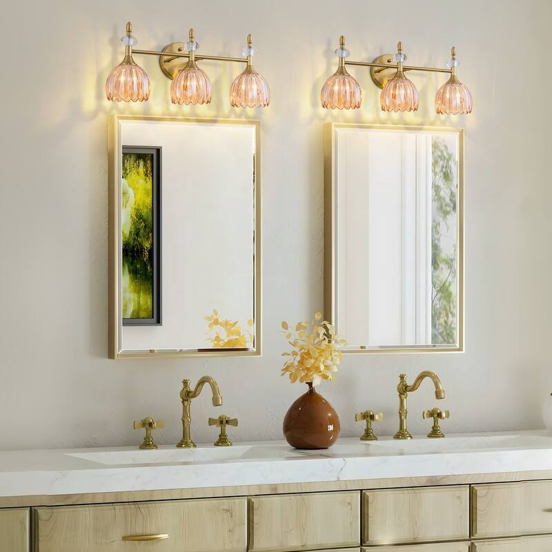 Starsky 3-Light Tulip-Inspired Floral Wall Sconce with Green or Amber Glass Shades, for Bathroom, Bedroom, Hallway