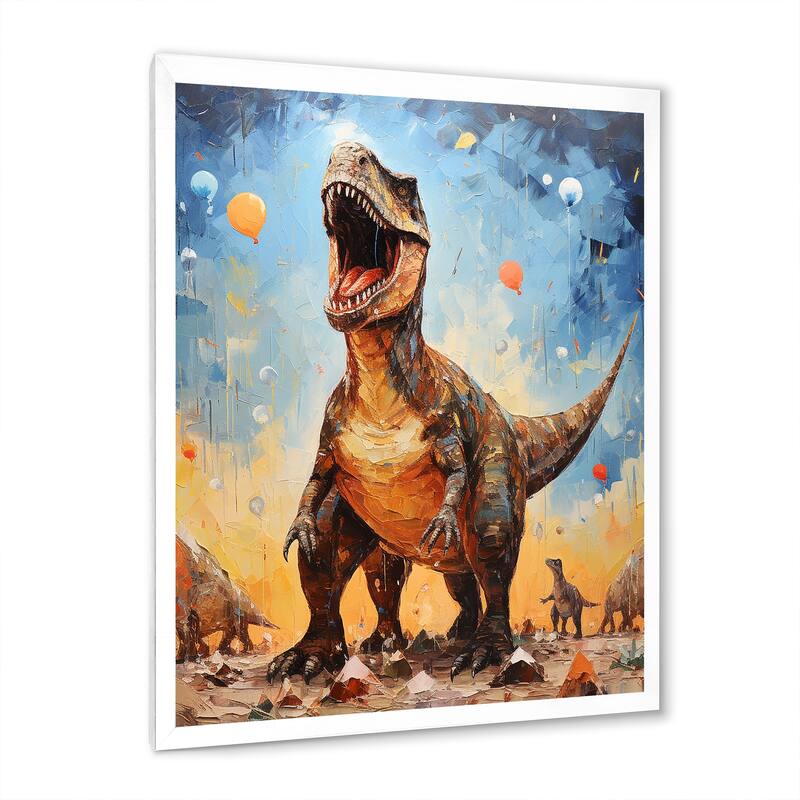 Designart "Pop Art Dino Explosion" Dinosaur Wall Decor Grey - Modern Hallway Framed Wall Art Decor