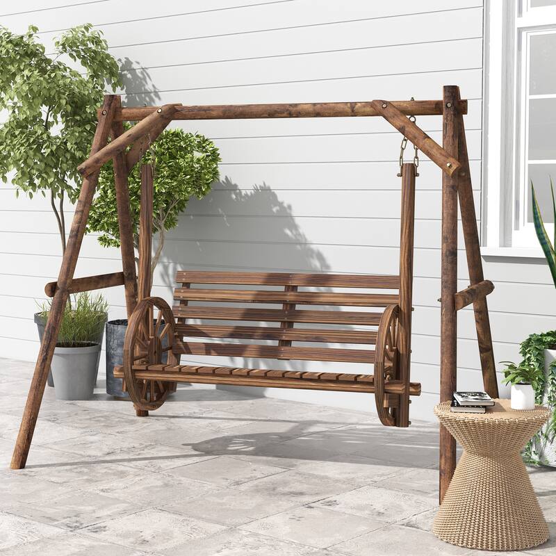 2-Person Wooden Patio Swing Chair with Adjustable Seat Height and Wagon Wheel Design for Backyard - 78.75" W x 54" D x 65.75" H