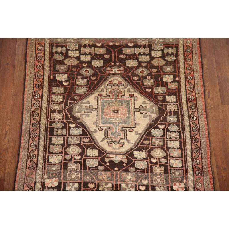 Hand Knotted Oriental 100% Wool Carpet Traditional Geometric Brown Malayer Runner Rug - 10' 0'' X 3' 9''