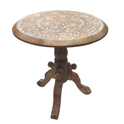 Intricately Carved Round Top Mango Wood Side End Table with Pedestal Base, Brown and White - 18 H x18 W x18 L