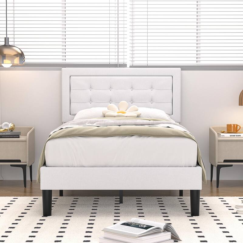 VECELO Bed Frame with Adjustable Headboard, Upholstered Button Tufted Platform Bedframe with Wood Slats Support