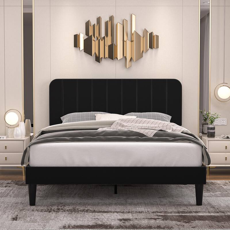 Javlergo Upholstered Bed Frames with Height-adjustable Headboard - Black - Full