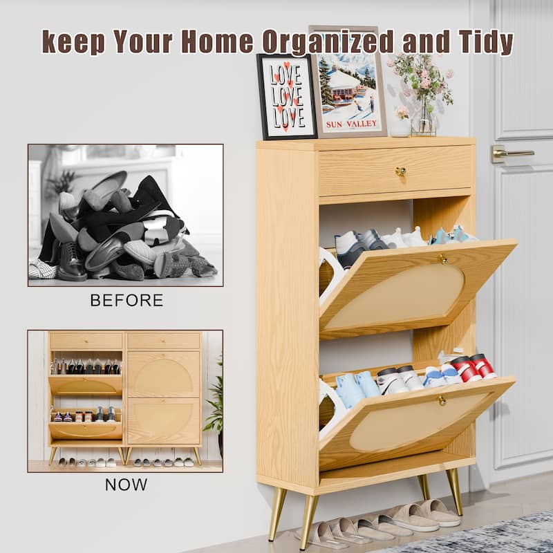 Futzca Shoe Cabinet Rattan, Shoe Storage Cabinet with 2 Flip Drawers