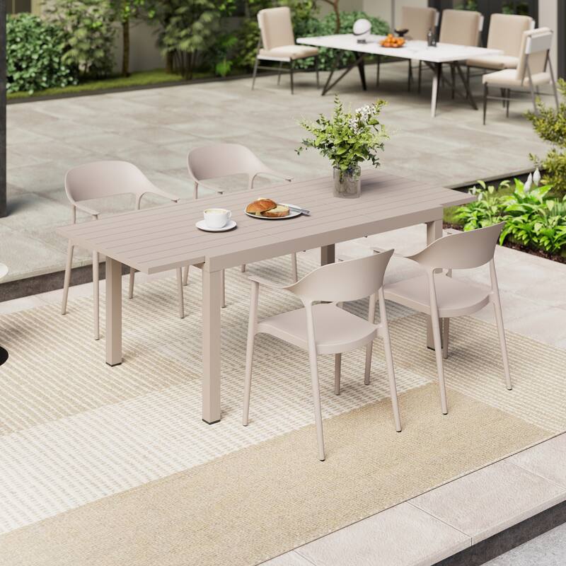 Outdoor Dining Set 5-Piece Stackable Plastic Lightweight Curved Backrest Armchair and Extendable Dining Table