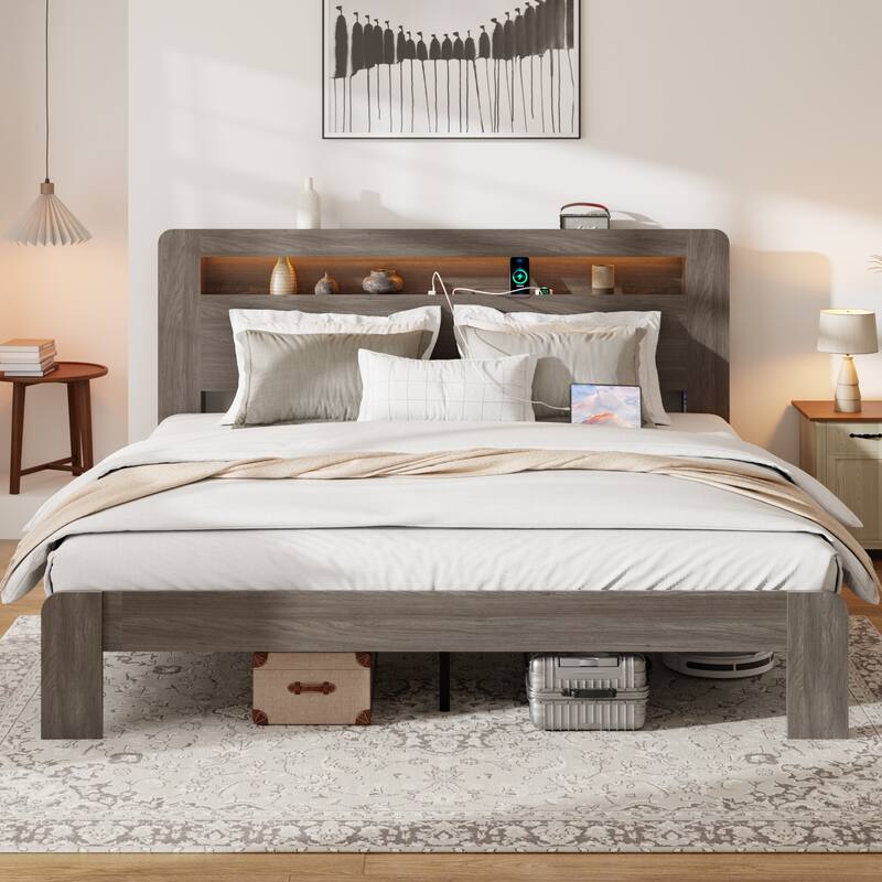 Bed Frame King Size, Wood Platform Bed Frame with Storage LED Light Headboard and 2 USB, Noise Free - Dawn Grey