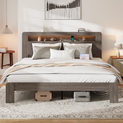 King Size Metal Platform Bed with LED Headboard and 2 USB Charging Ports, Storage