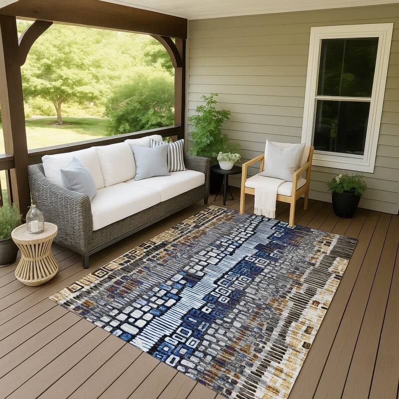 Machine Washable Indoor/ Outdoor Geo Mosaic Chantille Rug - Pewter - 3' x 5'
