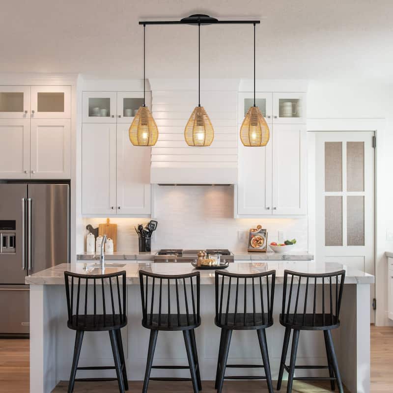 3 - Light Rattan Linear Chandelier for Dining Room, Black Metal Bohemian Style - Matte Black