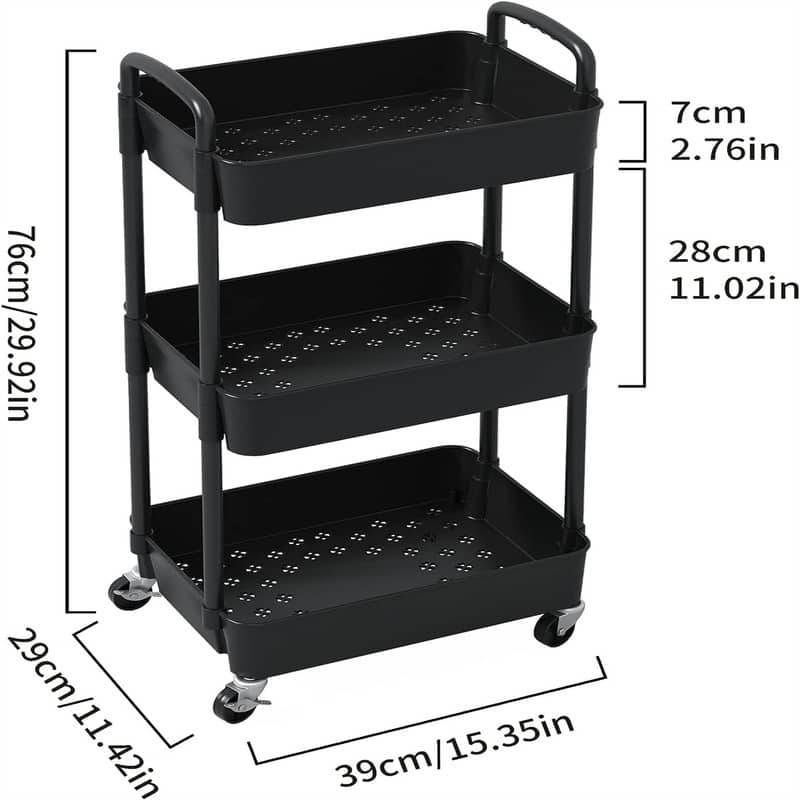 3-Tier Plastic Rolling Utility Cart - 11.42"D x 15.35"W x 29.92"H