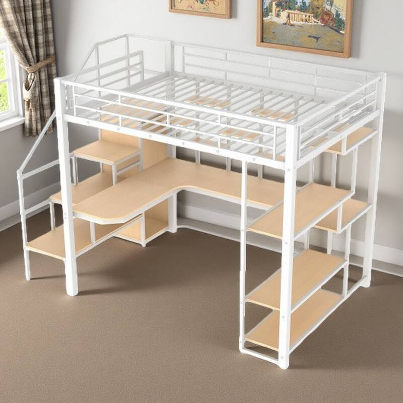 Full Size Metal Loft Bed with Built-In Desk, Storage Staircase, Small Wardrobe & 3-Tier Shelves - White