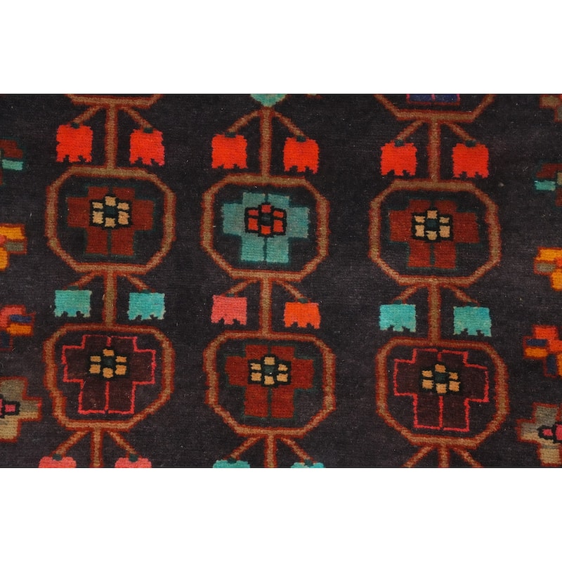 Hand Knotted Oriental 100% Wool Carpet Traditional Geometric Navy Blue & Blues Ardebil Runner Rug - 9' 6'' X 3' 5''