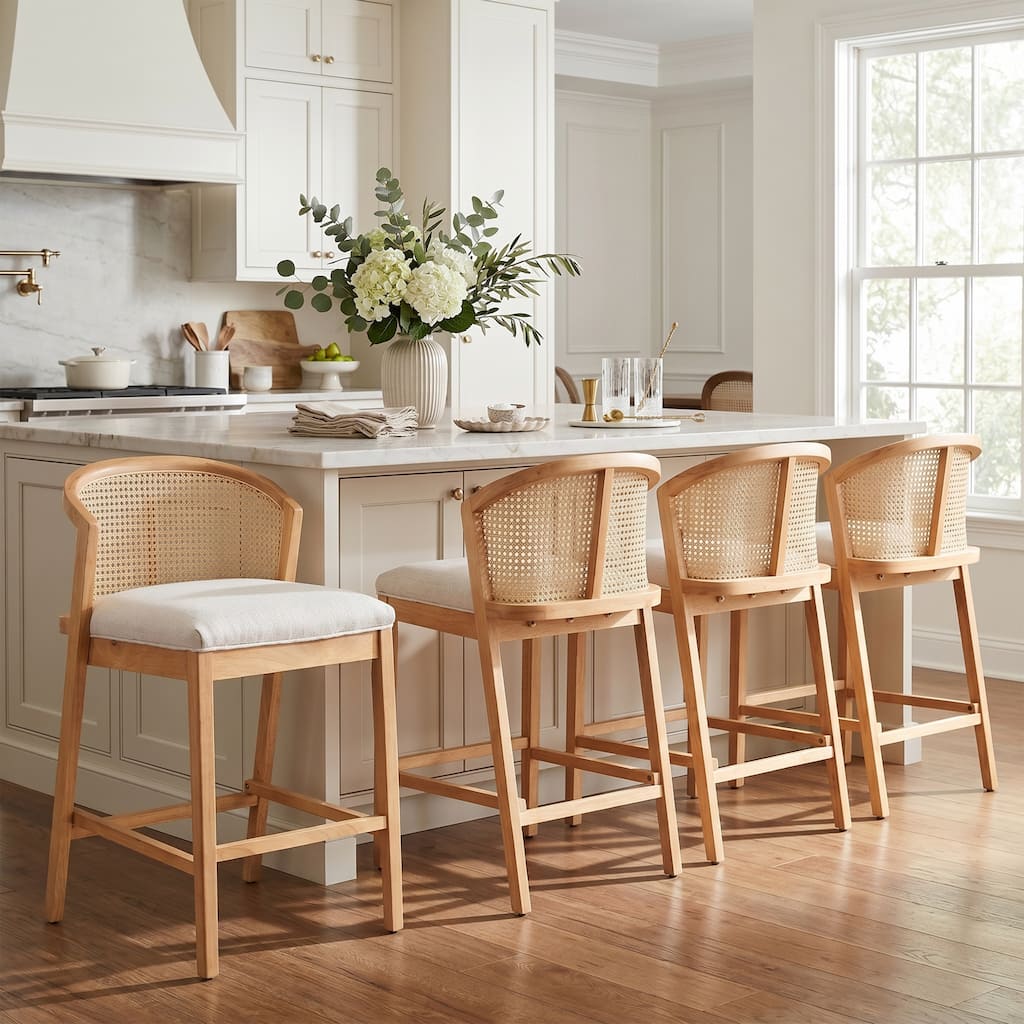 Christopher Knight Home - Kennedy Set of 4 Counter Stools, Wooden Frame with Upholstered Seat & Rattan-Accented Curved Backrest