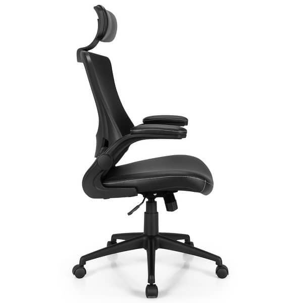 Costway Mesh Back Adjustable Swivel Office Chair w/ Flip Up Arms Leather Seat Black