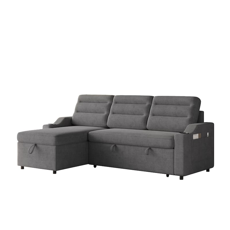 83.5" Fabric Convertible 3-Seater Sleeper Sofa with Pull-Out Bed, Recliner, Storage Pocket, and Cup Holder