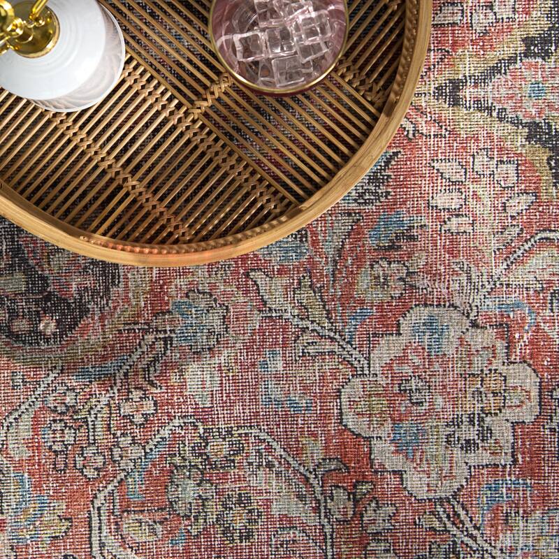 Gracewood Hollow Eddo Machine Washable Indoor/Outdoor Red and Light Blue Medallion Area Rug