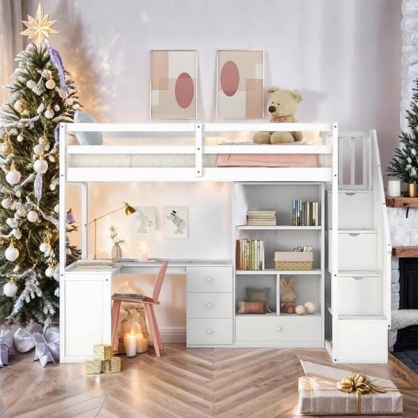 slide 2 of 18, Contemporary Design Twin Size Loft Bed with L-Shaped Desk and Drawers, Cabinet and Storage Staircase, Sturdy and Durable, White White