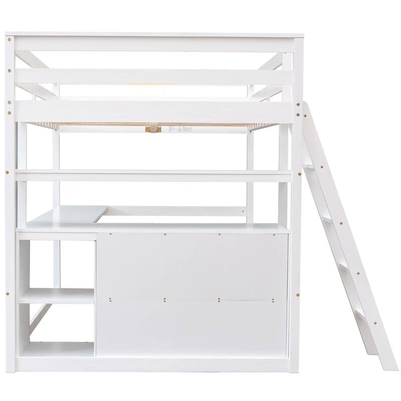 Full Size Loft Bed with Desk, Shelves, and Two Built-in Drawers in White