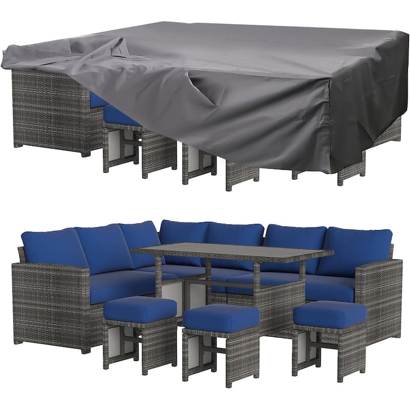 AECOJOY 7 Pieces Patio Furniture Set Outdoor Sectional Sofa Rattan Conversation Set - Navy Blue with Cover