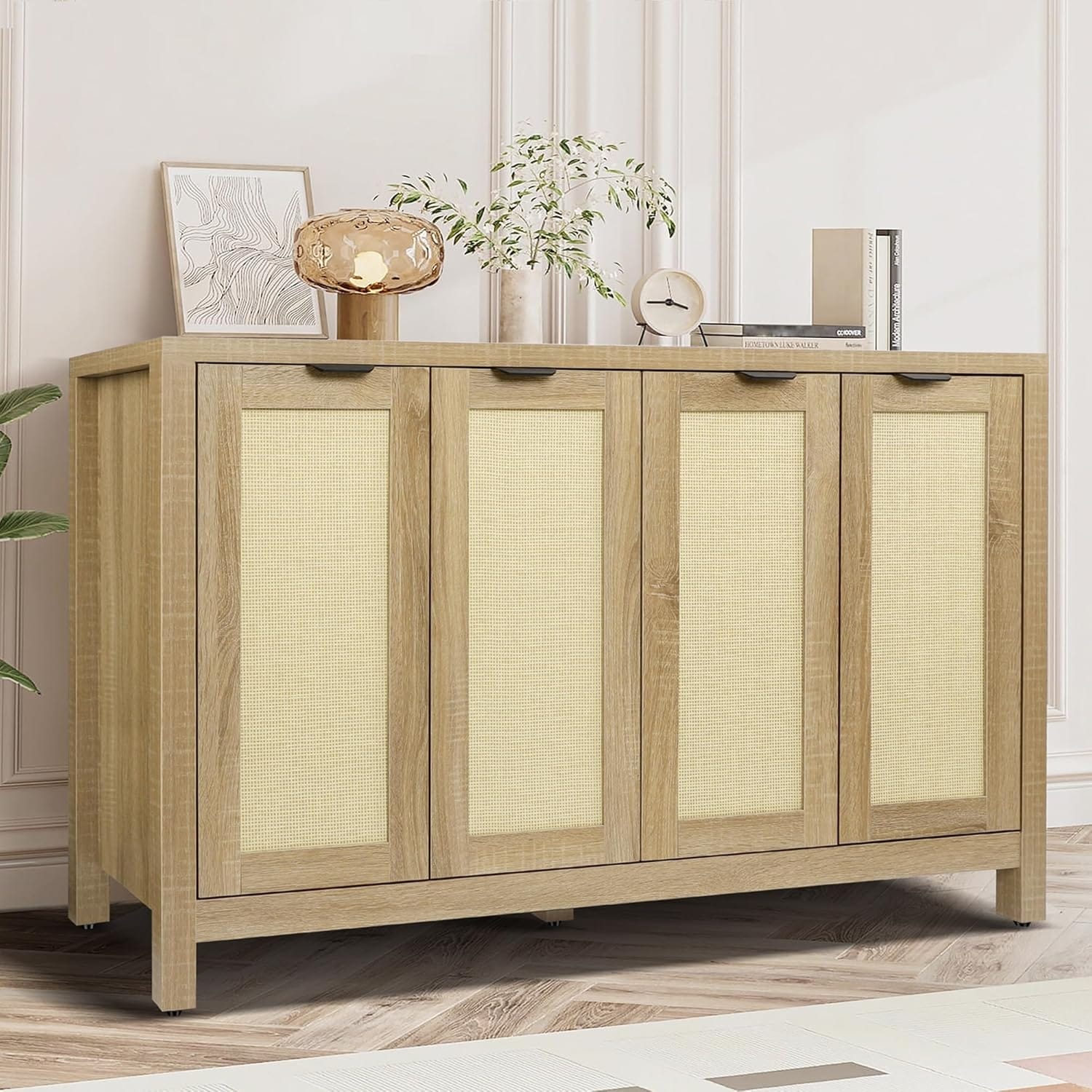 Rattan Sideboard Cabinet - Large Farmhouse Kitchen Storage with 4 Doors for Entryway or Living Room, 55" x 15" x 31.5" (Natural)