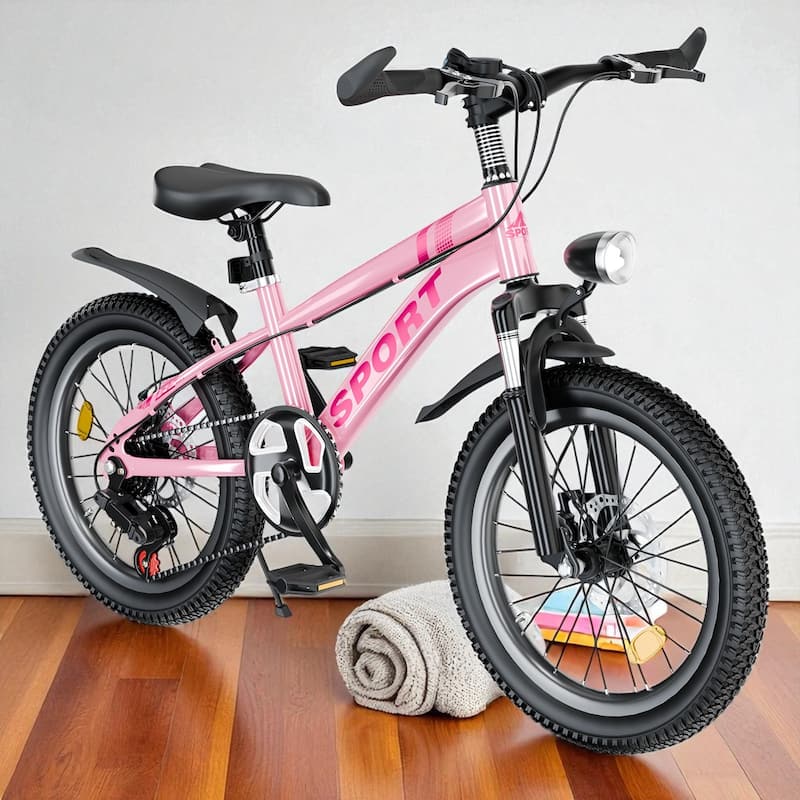 20 Inch Kids Mountain Bike for Boys & Girls Ages 7-12, 7-Speed with Dual Disc Brakes & Front Suspension Fork - Pink