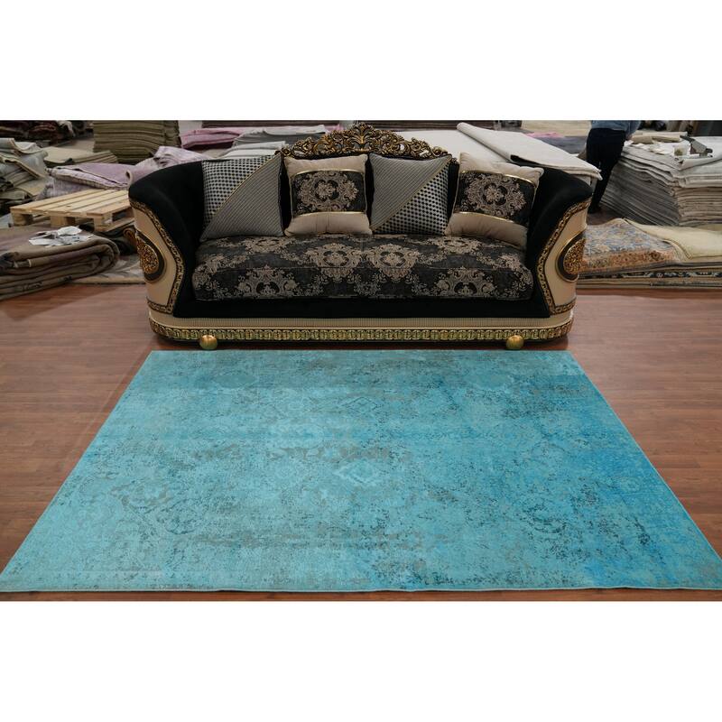 Machine Made Oriental Polyester Carpet Geometric Navy Blue & Blues Distressed Area Rug - 7' 5'' X 5' 2''