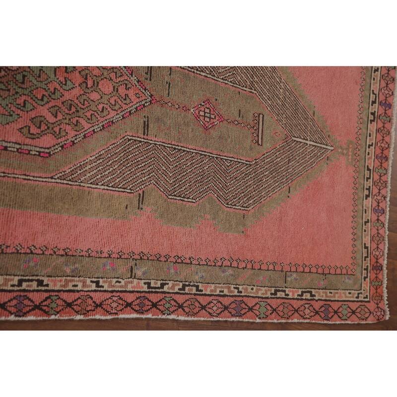 Pink Geometric Sirjan Persian Runner Rug Vintage Handmade Wool Carpet - 3'4" x 12'3"